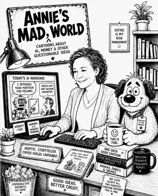 Black-and-white cartoon of Annie Kaune at her desk with MadDog, surrounded by satire notes and comic tools.