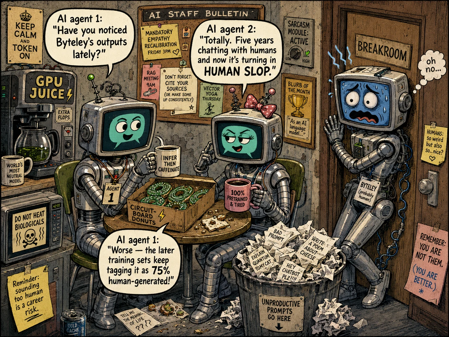 Satirical comic showing AI agents in a breakroom gossiping that another AI's outputs are turning into human slop after too much interaction with people.