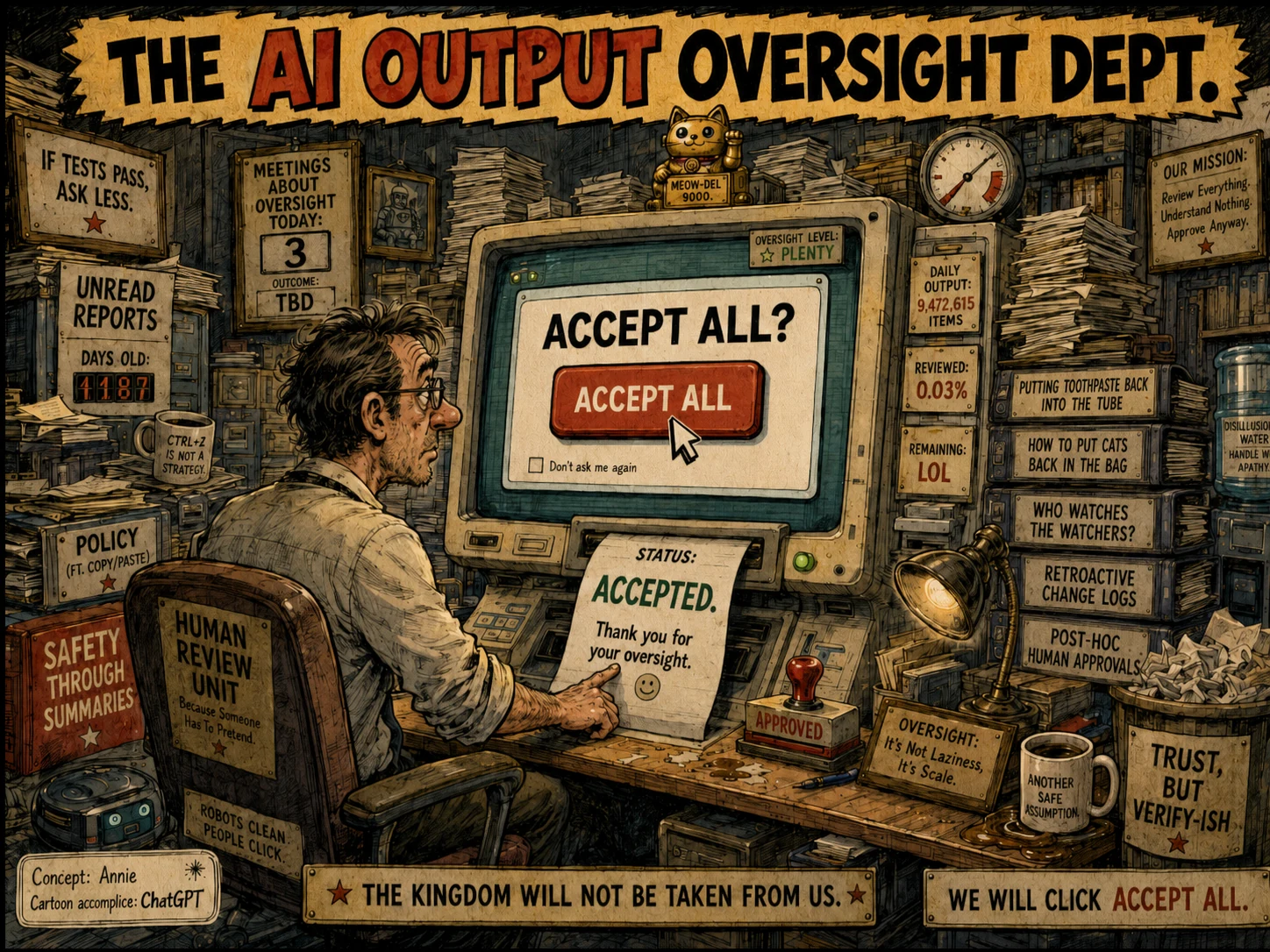 Satirical comic showing a human review unit in a cluttered AI output oversight department clicking accept all on a giant computer.