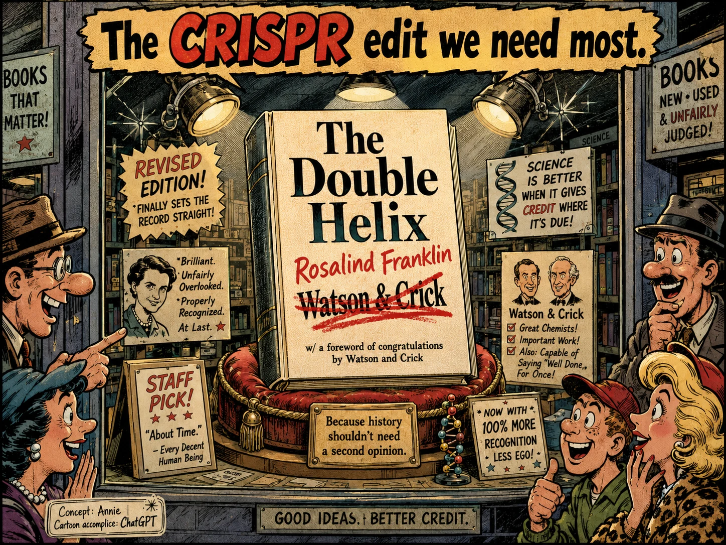 Satirical comic showing a revised book display crediting Rosalind Franklin for The Double Helix while Watson and Crick are crossed out.