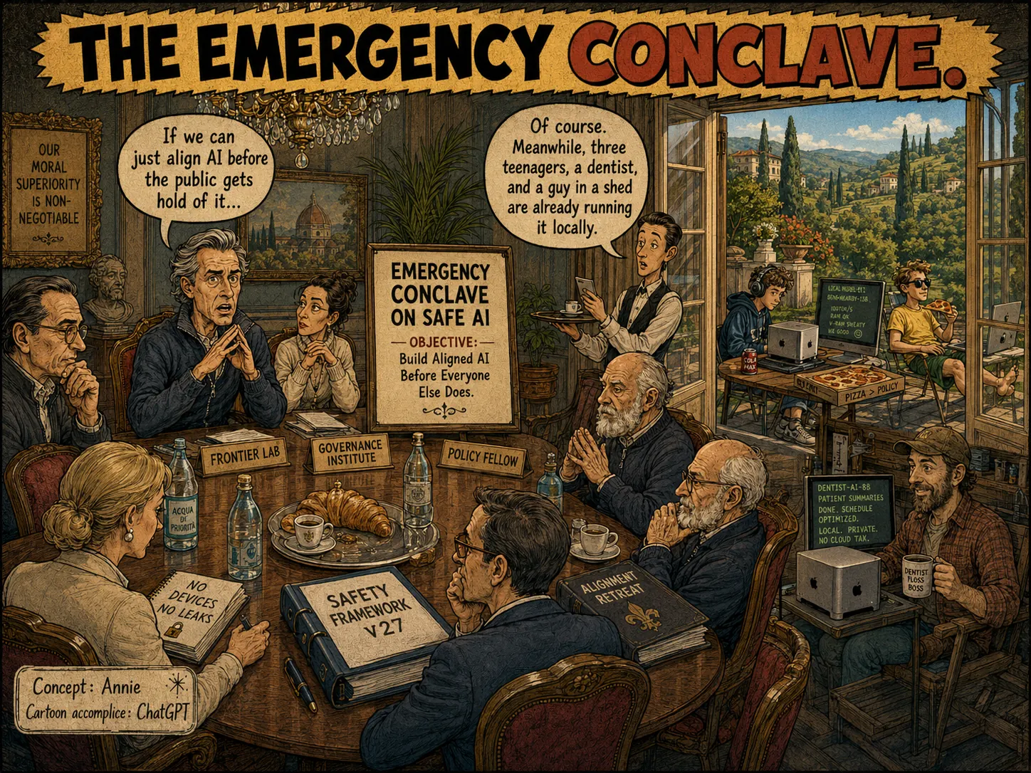 Satirical comic titled The Emergency Conclave, showing AI safety leaders trying to align AI before the public gets it while teenagers, a dentist, and a guy in a shed already run it locally.