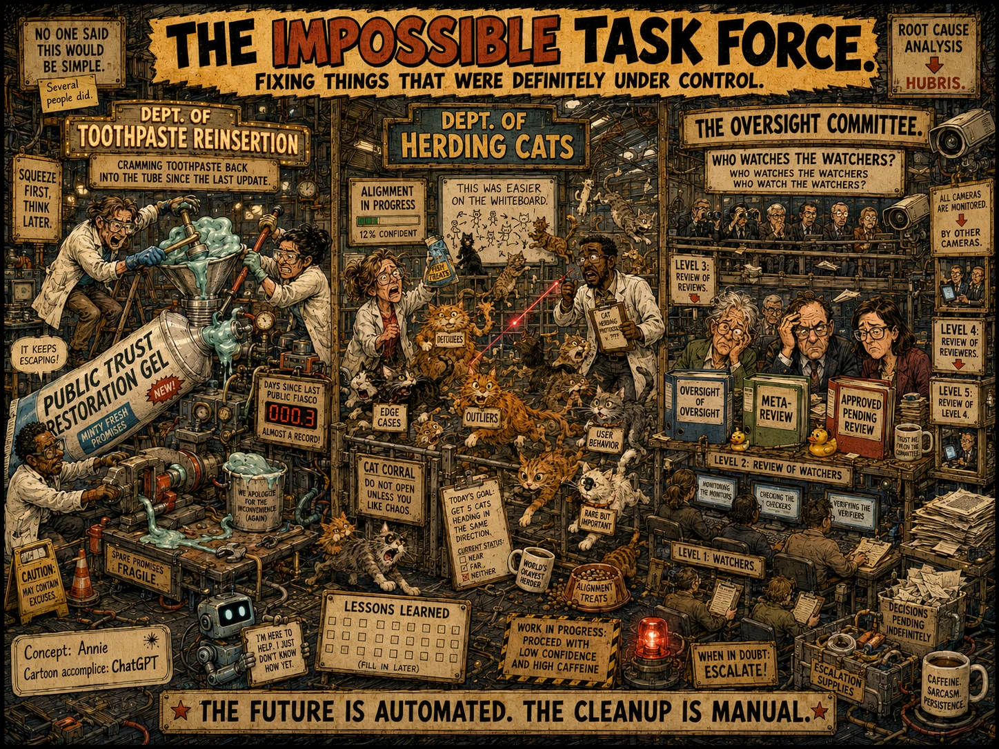 Satirical comic showing departments for toothpaste reinsertion, herding cats, and oversight committees trying to fix things that were under control.