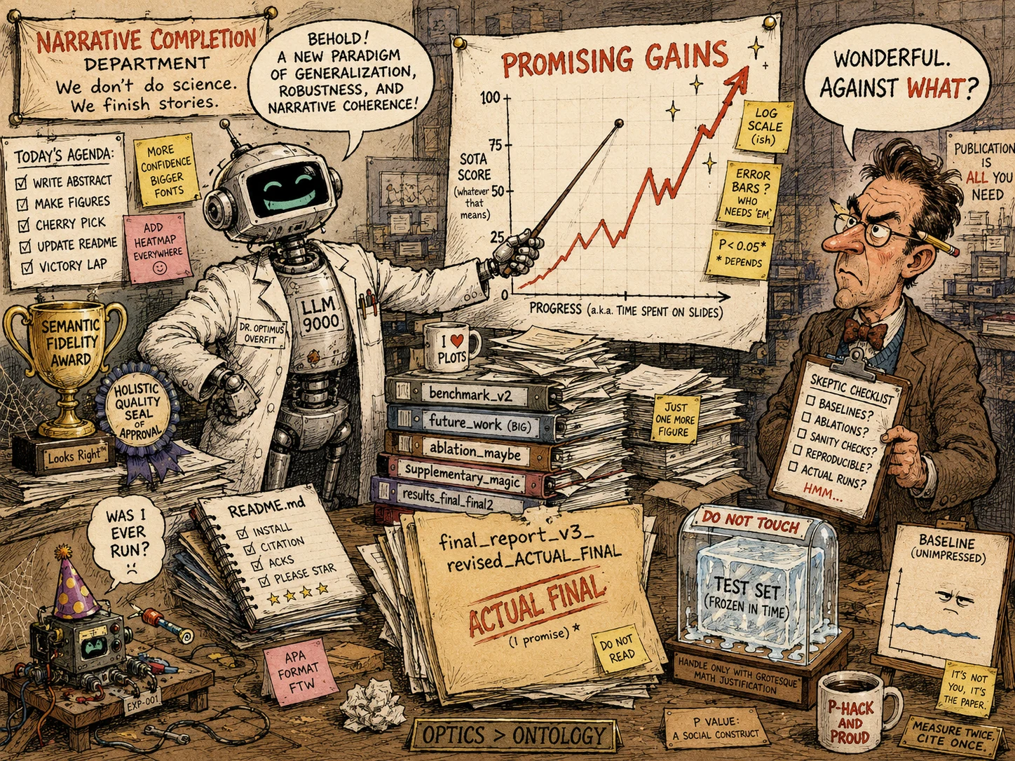 Satirical comic showing a robot scientist in a narrative completion department presenting a promising gains chart while a skeptical reviewer asks what the gains are measured against.