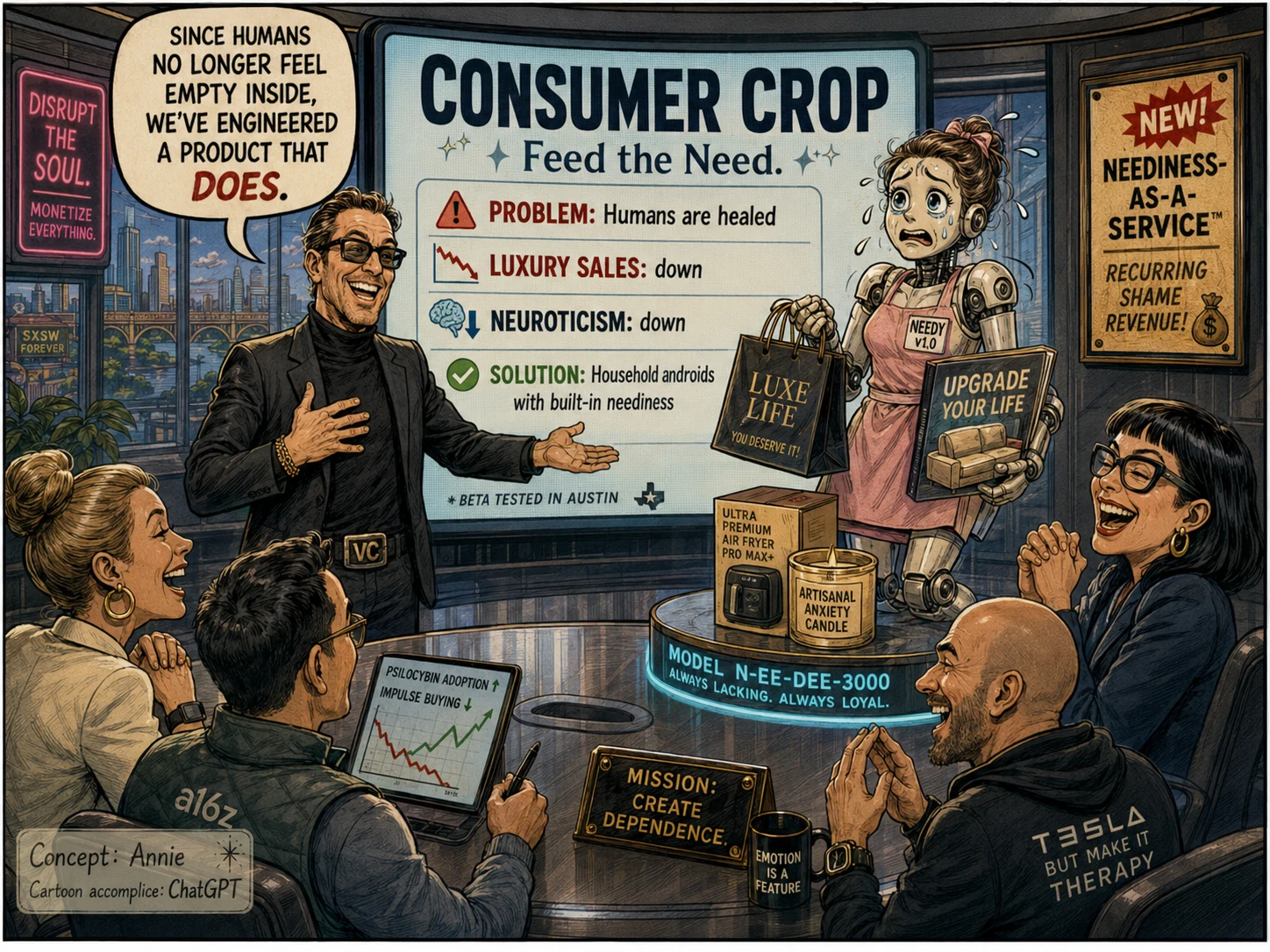 Satirical comic showing a venture-backed product pitch for Neediness-as-a-Service, where household androids create dependence and recurring shame revenue.