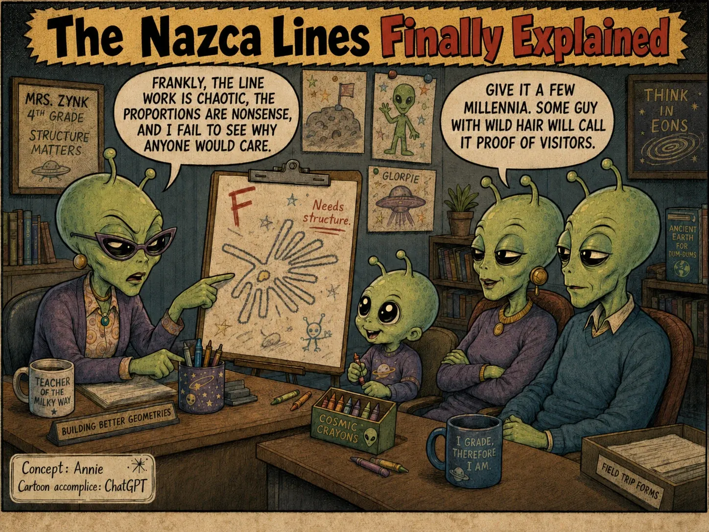 Satirical comic titled The Nazca Lines Finally Explained, showing an alien teacher criticizing a child's Nazca line drawing while alien parents say a wild-haired human will call it proof of visitors.