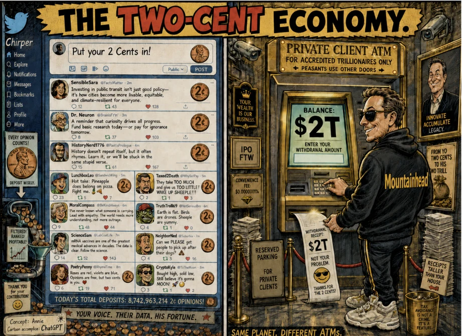 Satirical comic titled The Two-Cent Economy, showing a social feed where public opinions are collected as two-cent deposits while a private client withdraws two trillion dollars.