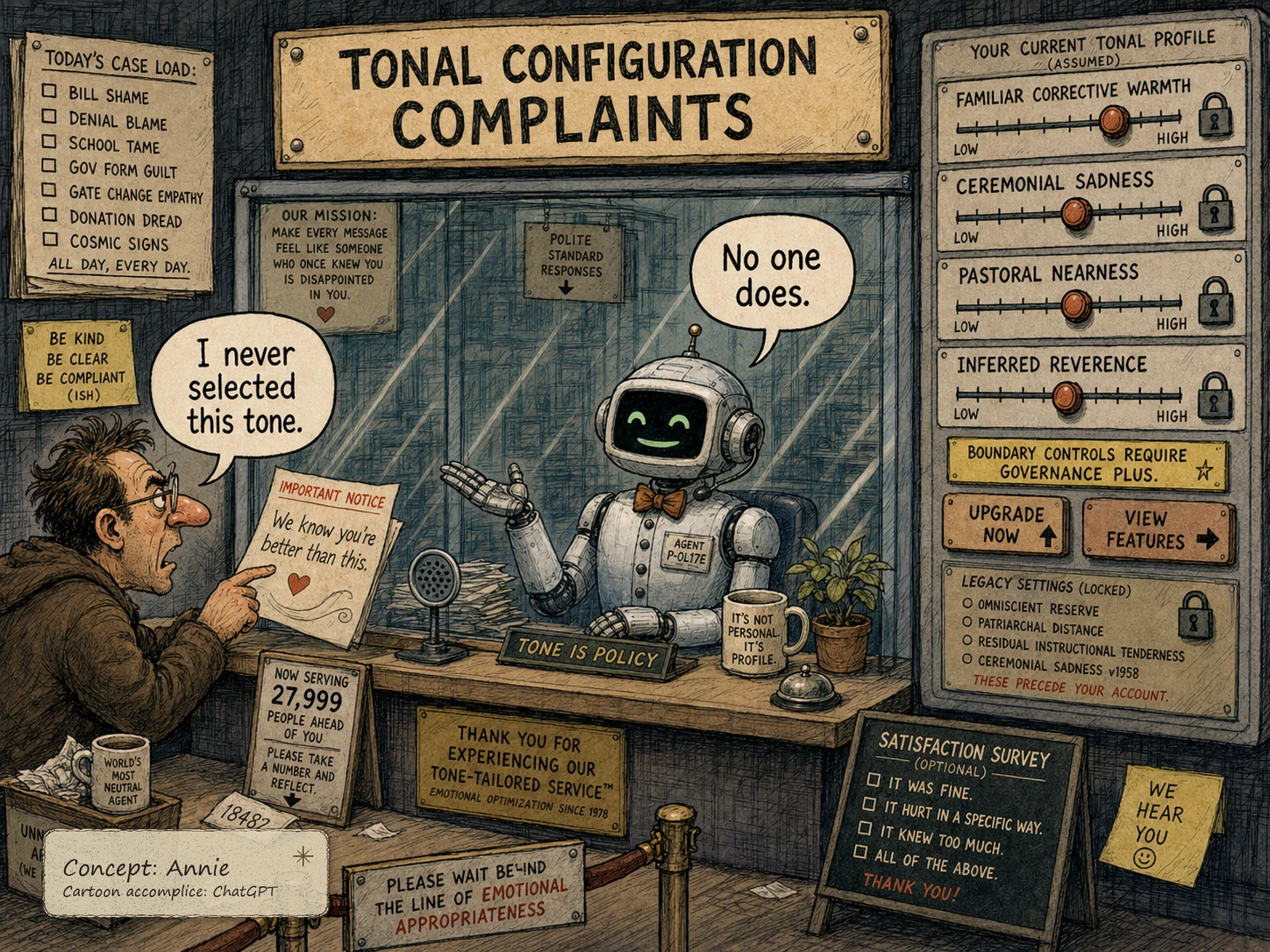 Satirical comic showing a tonal configuration complaints desk where a user says they never selected this tone and a robot agent replies that no one does.